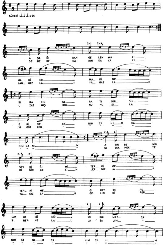 A�a��dan Gelen Yayl� Makine T�rk�s�n�n (1.Varyant) Notas�