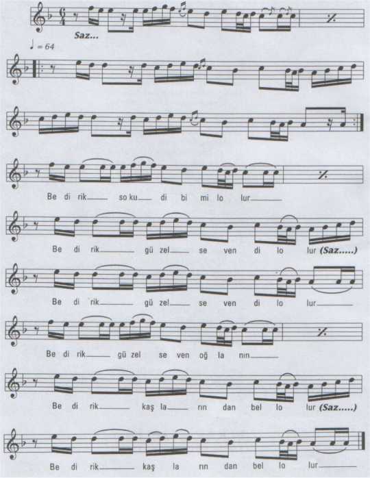 Bedirik (Soku Dibi Mill'olur) T�rk�s�n�n Notas�