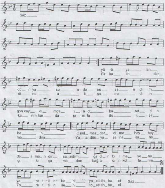 Y�r� Yalan D�nya Senden Usand�m T�rk�s�n�n Notas�